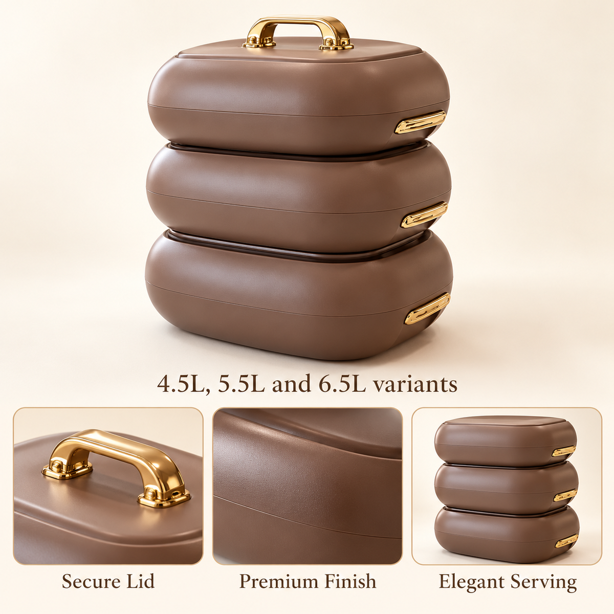 Premium Rectangular Hot Pot – Brown & Gold features and capacity details