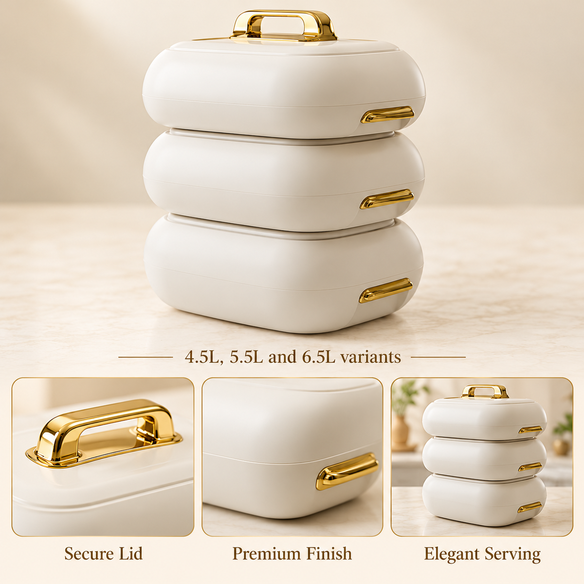 Premium Rectangular Hot Pot – White & Gold features and capacity details