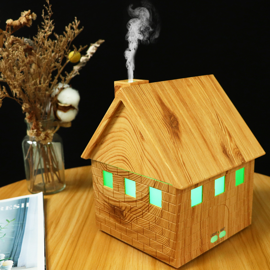 Supplier reference view of a wood-look house diffuser with illuminated windows