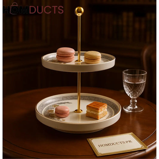 Imperial Bloom 2-Tier Dessert Stand – Elegant Ceramic Server with Gold Detailing