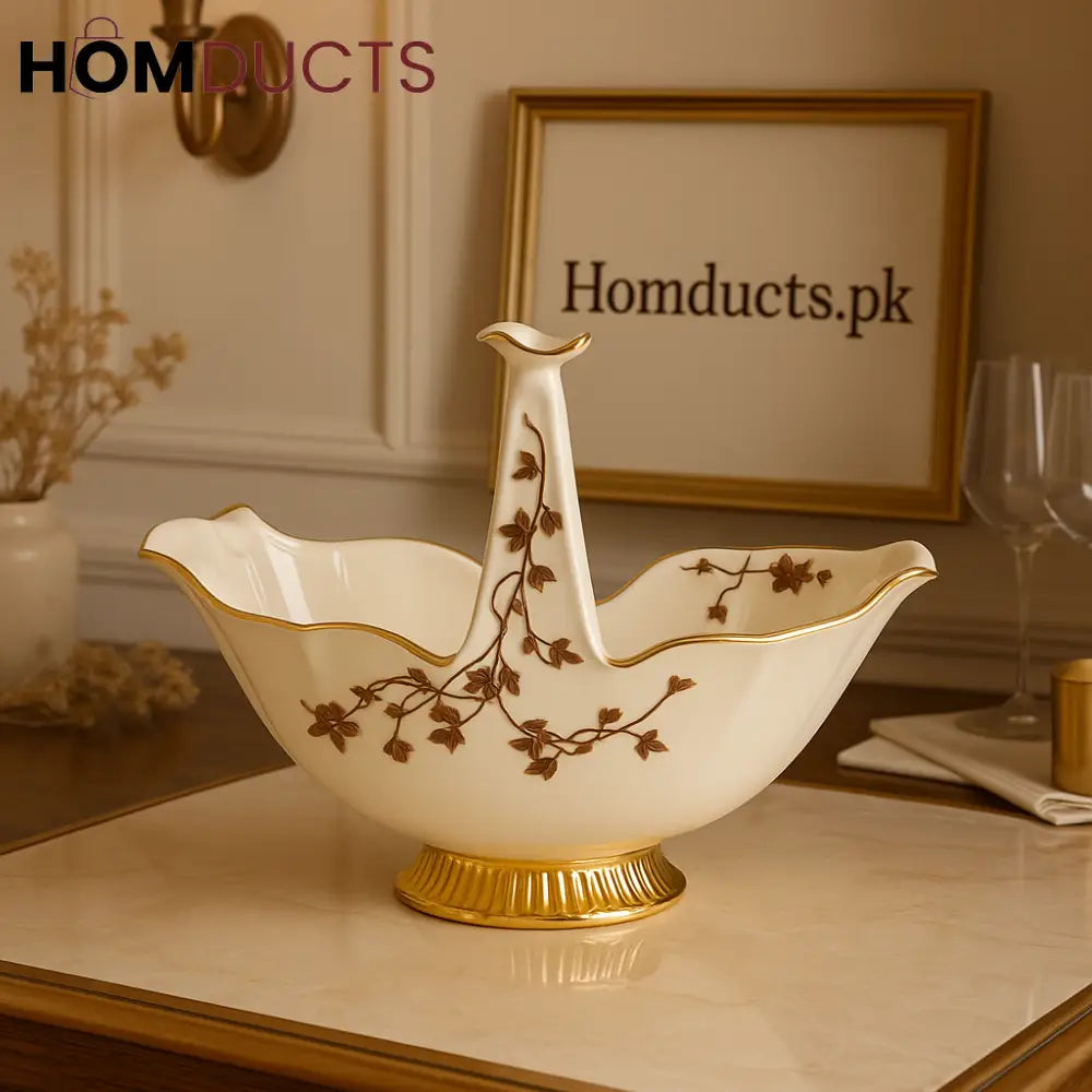 Imperial Bloom Ceramic Decorative Bowl – Ivory & Gold Handled Centerpiece