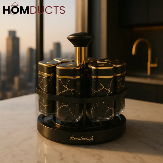 Imperial Marble 360° Rotating Spice Jar Set – 8-Piece Gold Edition