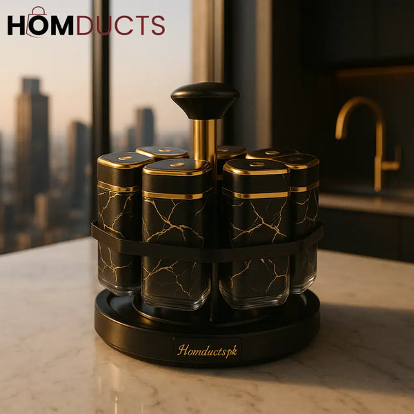 Imperial Marble 360° Rotating Spice Jar Set – 8-Piece Gold Edition