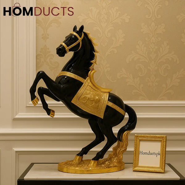 Imperial Rearing Stallion – Luxury Black & Gold Horse Sculpture for Office Décor