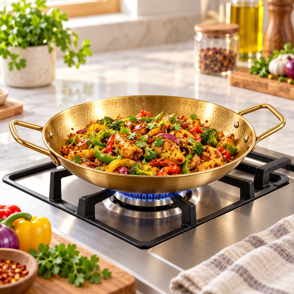28 cm Golden Stainless-Steel Flat Korean-Style Karahi