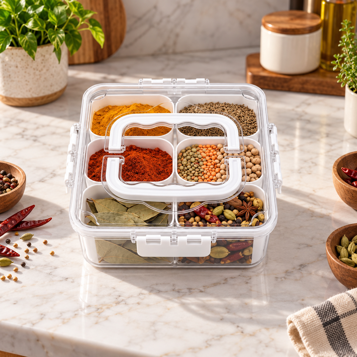 7-Compartment Acrylic Spice & Dry Food Storage Box with Handle