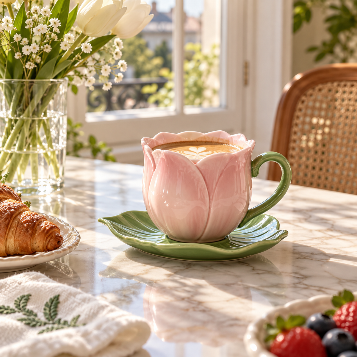 Tulip Ceramic Coffee Cup with Leaf-Shaped Saucer