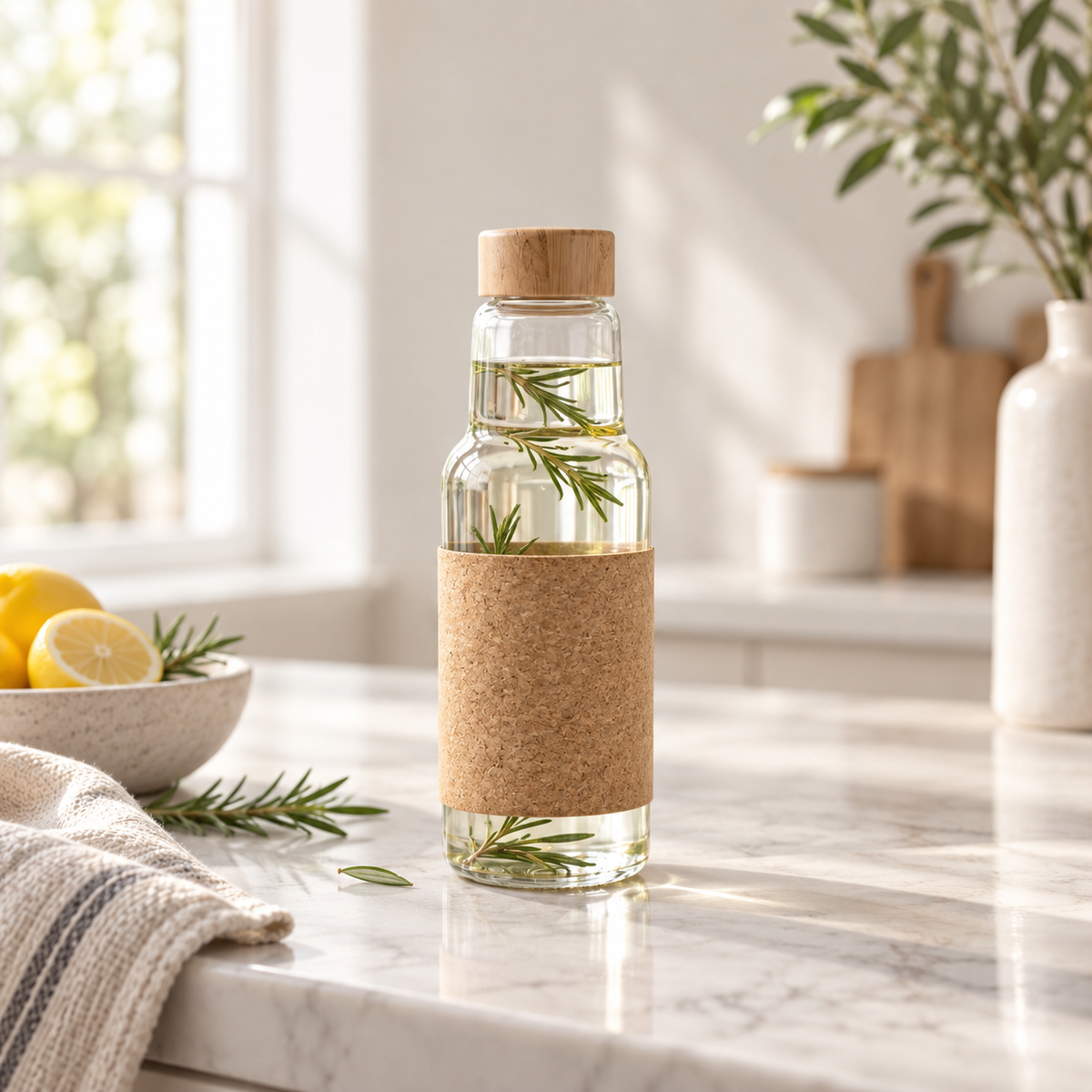 500ml glass bottle with wooden cap and cork sleeve