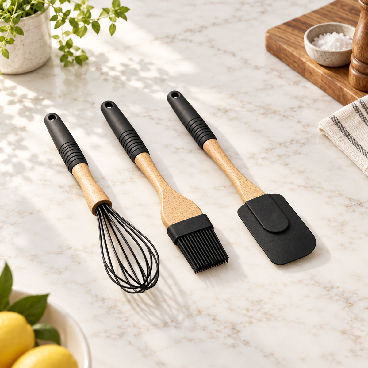 Three-piece silicone and wooden kitchen utensil set