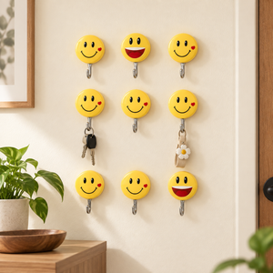 Nine-piece yellow smiley wall hook set