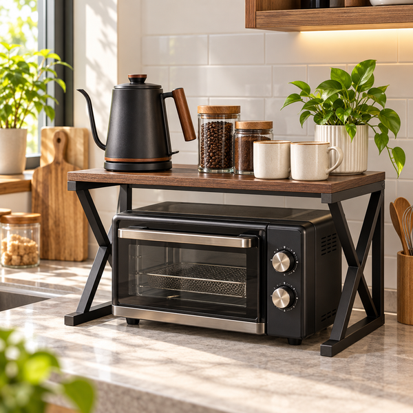Industrial countertop organizer used as a coffee station and appliance rack