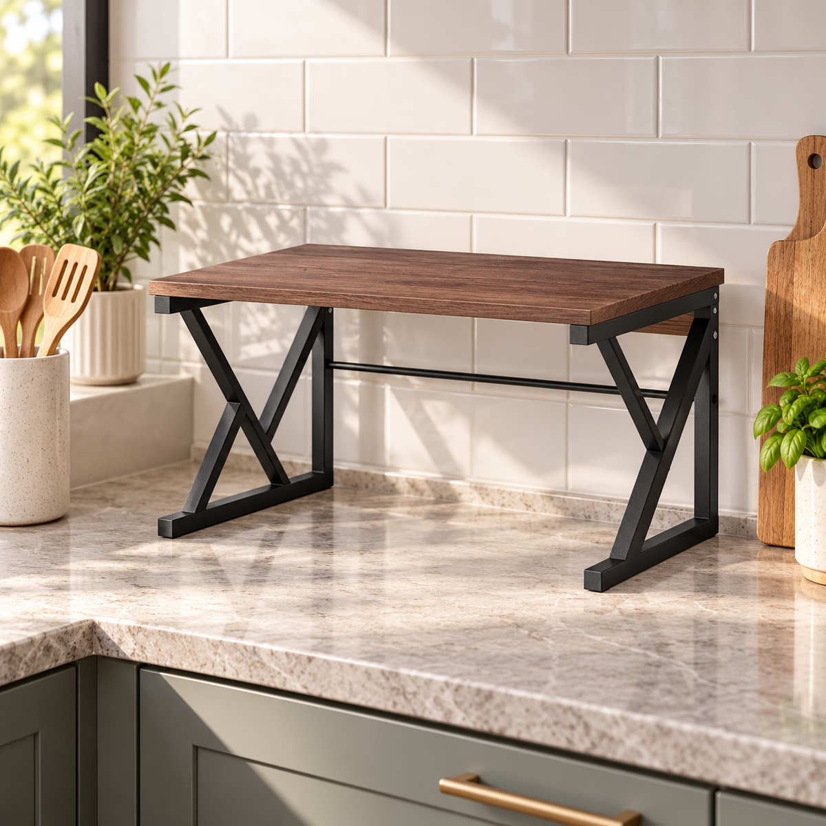 Walnut and black metal countertop organizer shelf in a modern kitchen