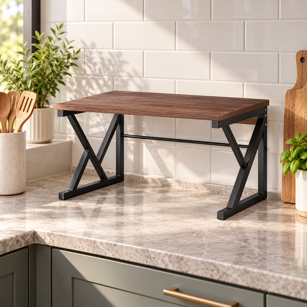 Walnut and black metal countertop organizer shelf in a modern kitchen
