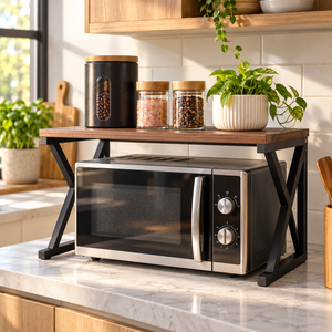 Industrial kitchen countertop organizer shelf with microwave and spice storage