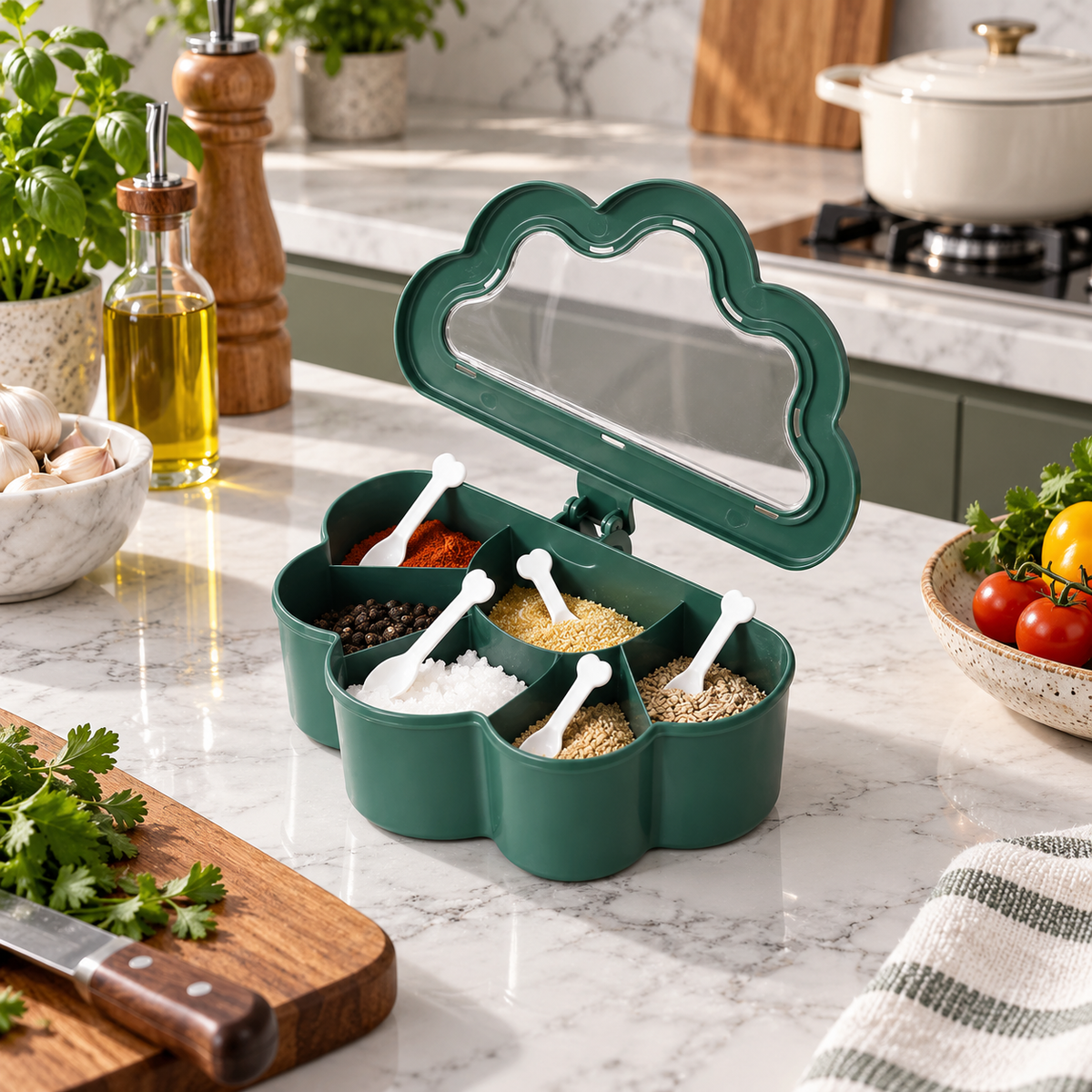 Integrated seasoning box with divided compartments and spoons