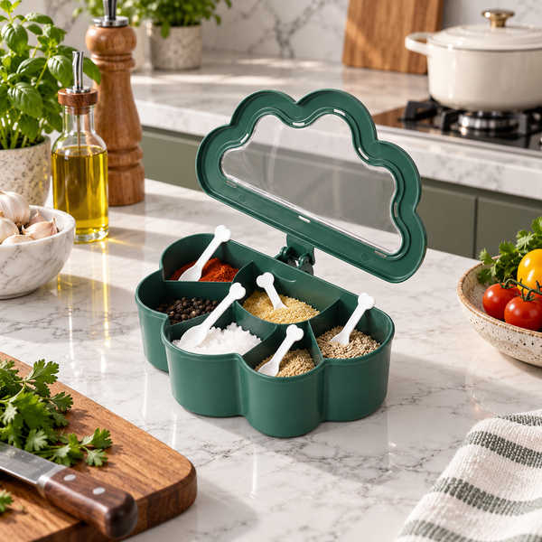 Integrated seasoning box with divided compartments and spoons