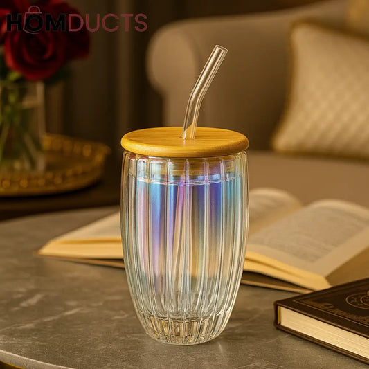 Iridescent Glass Tumbler with Lid & Straw – Elegant Ribbed Design for Iced Coffee & Juices
