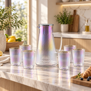 Seven-piece iridescent ribbed glass water set