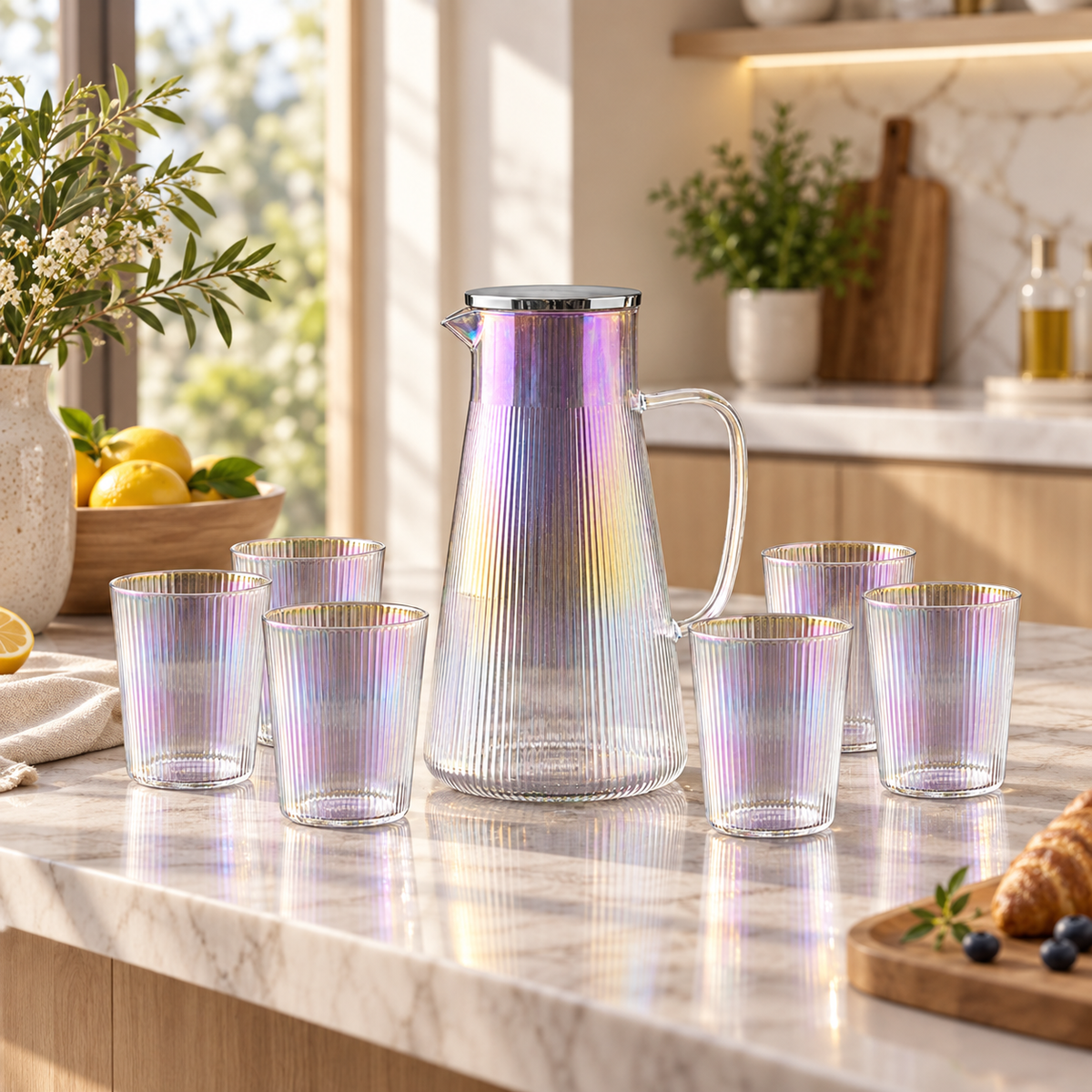 Seven-piece iridescent ribbed glass water set