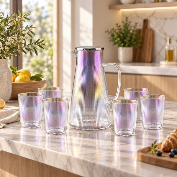 Seven-piece iridescent ribbed glass water set