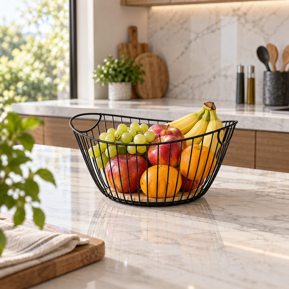 Iron wire fruit basket with wooden base