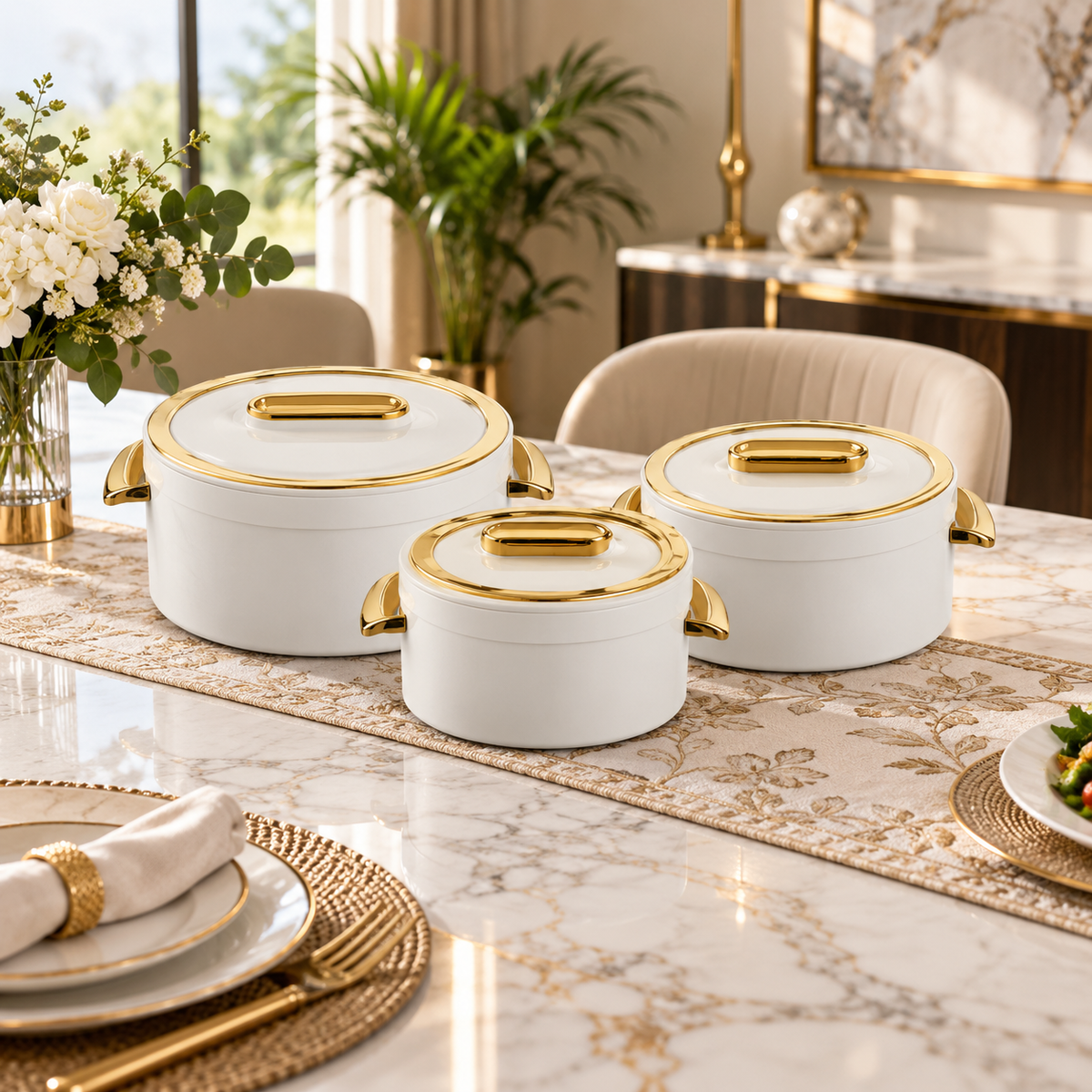 Luxury Ivory & Gold 3-Piece Insulated Hot Pot Casserole Set – 1L, 2L & 3.5L