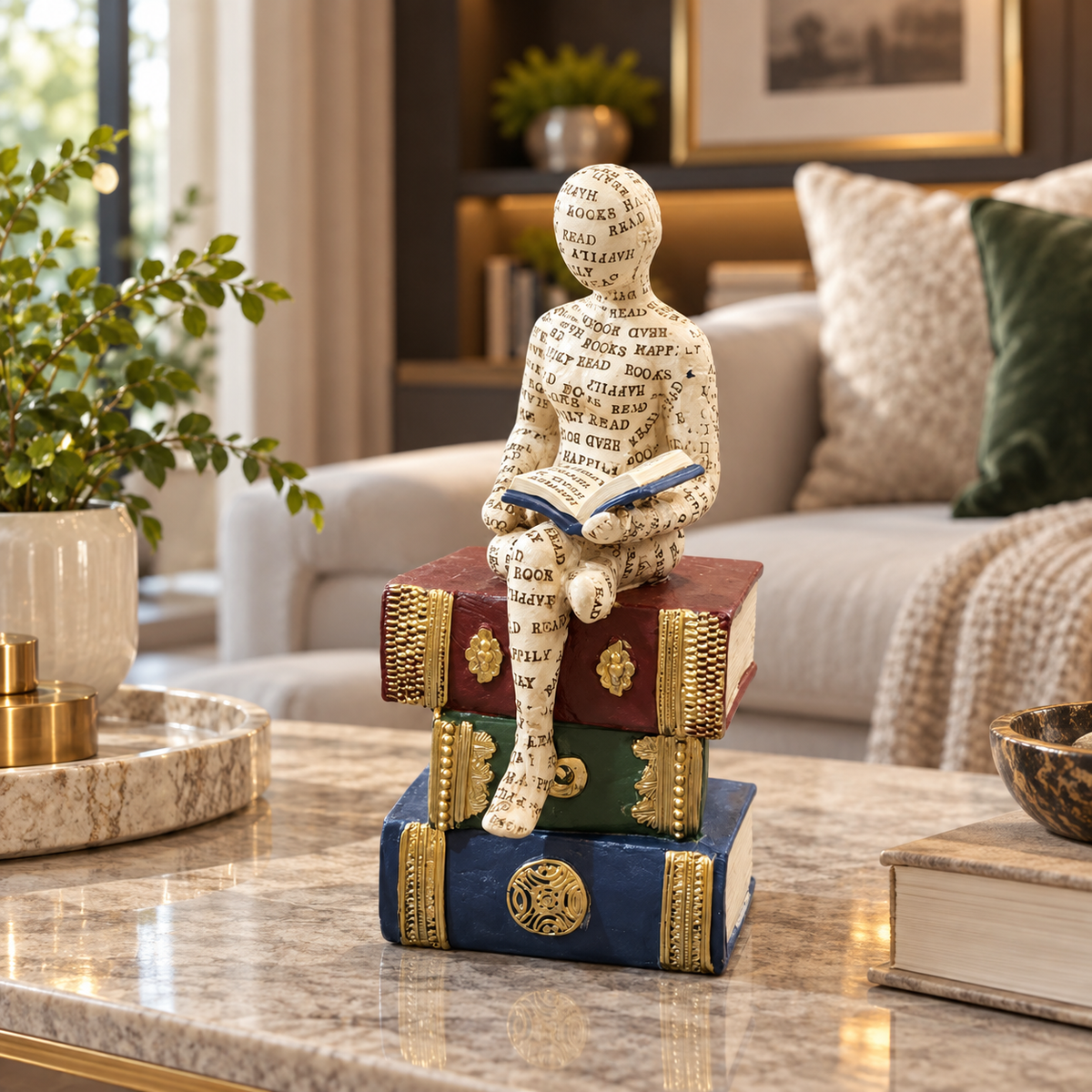 Ivory seated reader with open book sculpture