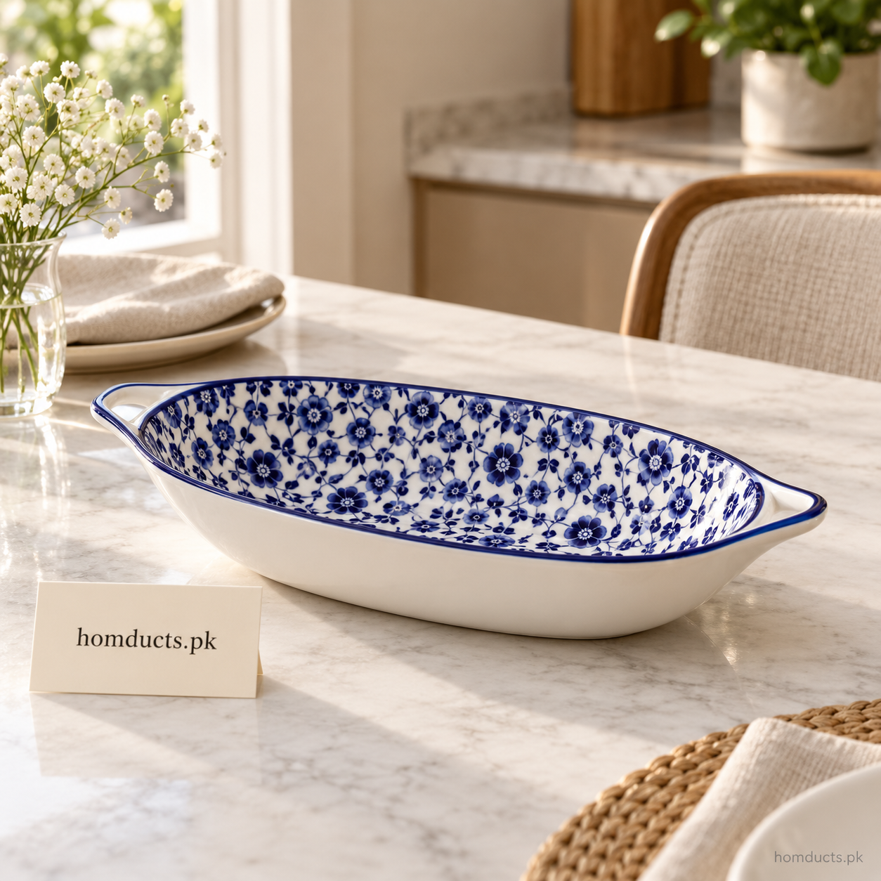 Blue Floral Ceramic Double-Handle Serving Dish – 10.5 Inch