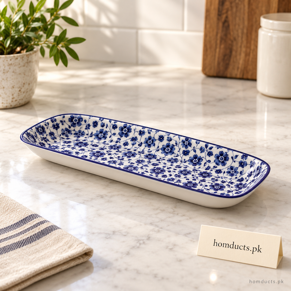 Blue Floral Rectangular Ceramic Serving Dish – 10 Inch