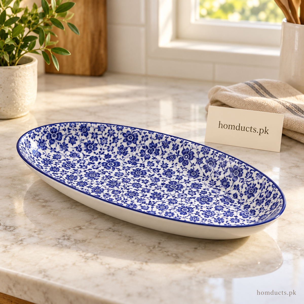 Blue Floral Ceramic Oval Serving Dish – 11 Inch