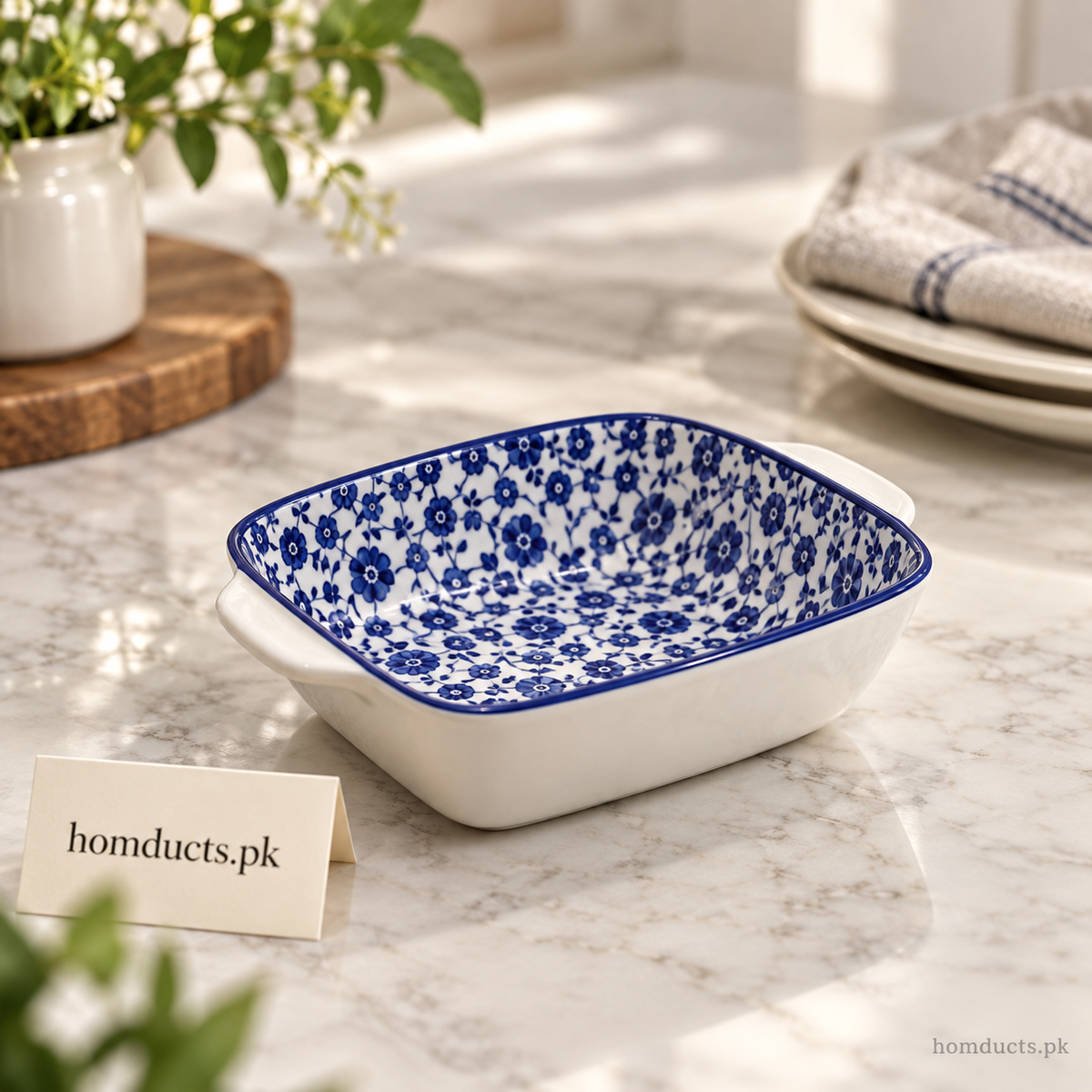 Blue Floral Rectangular Ceramic Serving Dish – 6 Inch