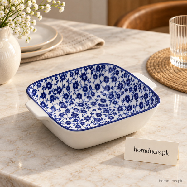 Blue Floral Rectangular Ceramic Serving Dish – 7.5 Inch