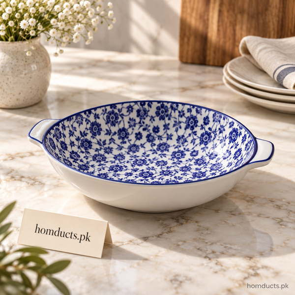 Blue Floral Ceramic Double-Handle Bowl – 8.5 Inch