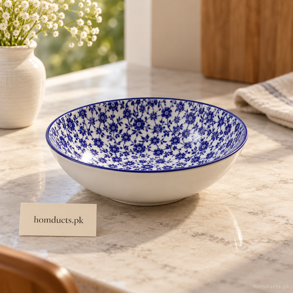 Blue Floral Deep Ceramic Serving Bowl – 8 Inch