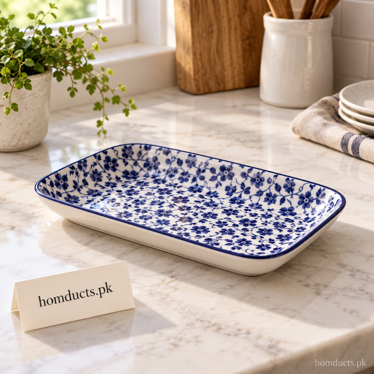 Blue Floral Rectangular Ceramic Serving Dish – 8 Inch