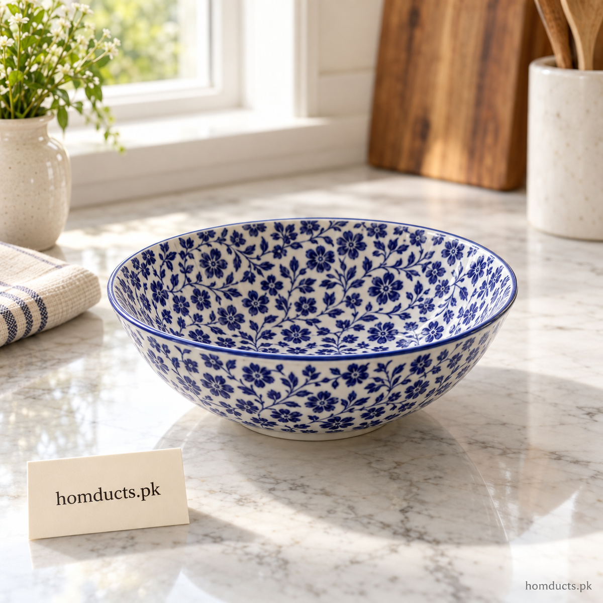 Blue Floral Shallow Ceramic Bowl – 8 Inch
