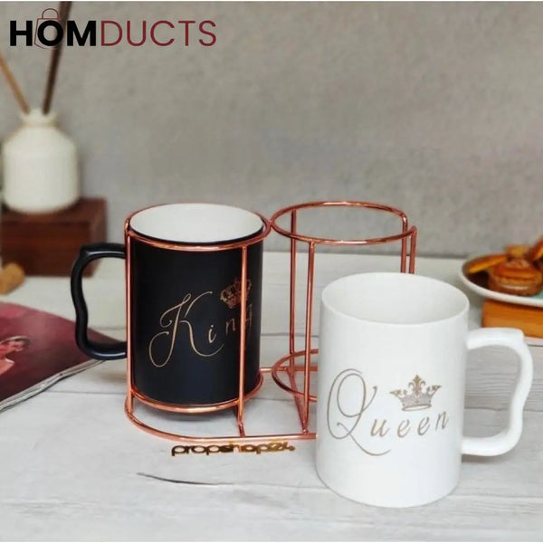 King and Queen Mugs - Ceramic Couple Coffee Mug Set with Stands