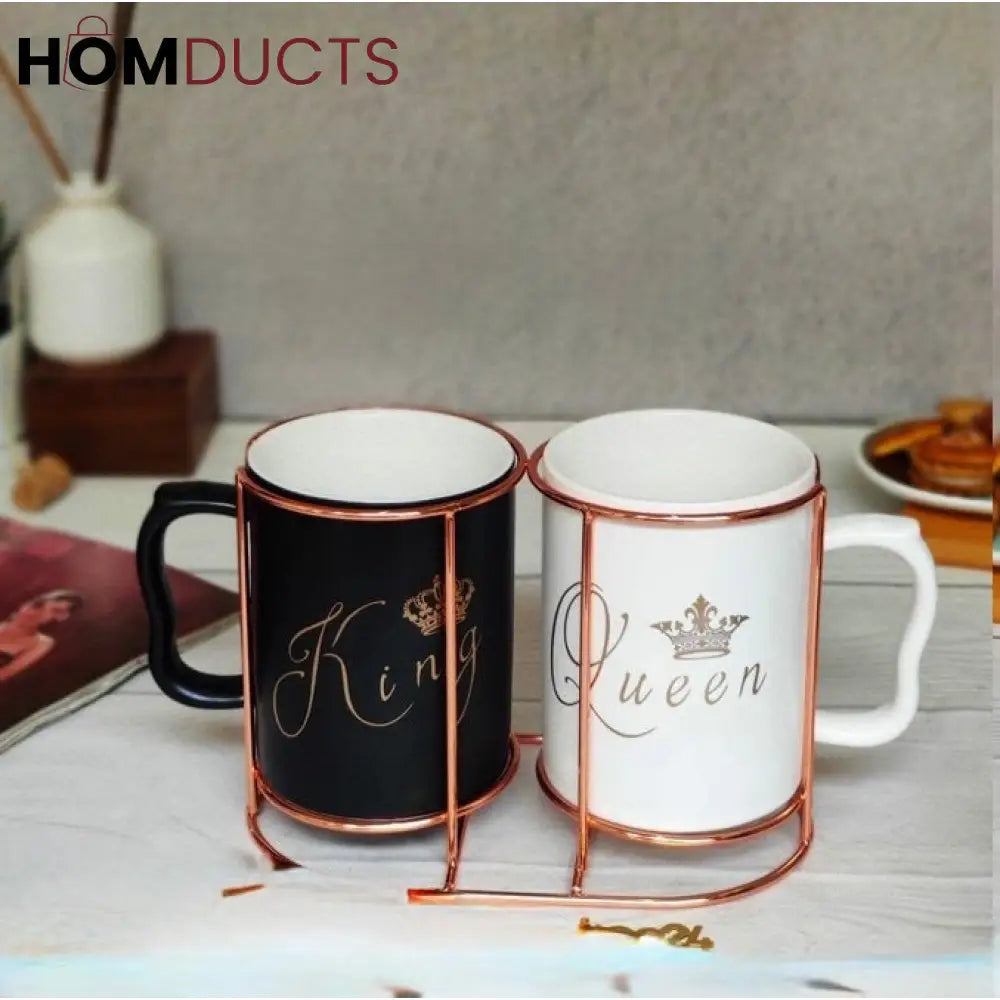 King and Queen Mugs - Ceramic Couple Coffee Mug Set with Stands
