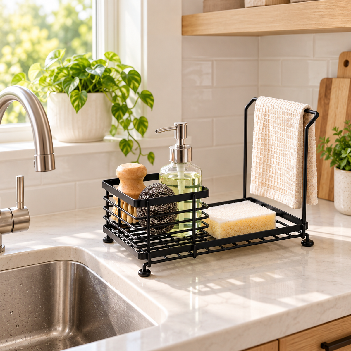 Kitchen sink organizer used beside a modern sink