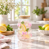 420ml ribbed glass sipper with 3D bows and bamboo lid