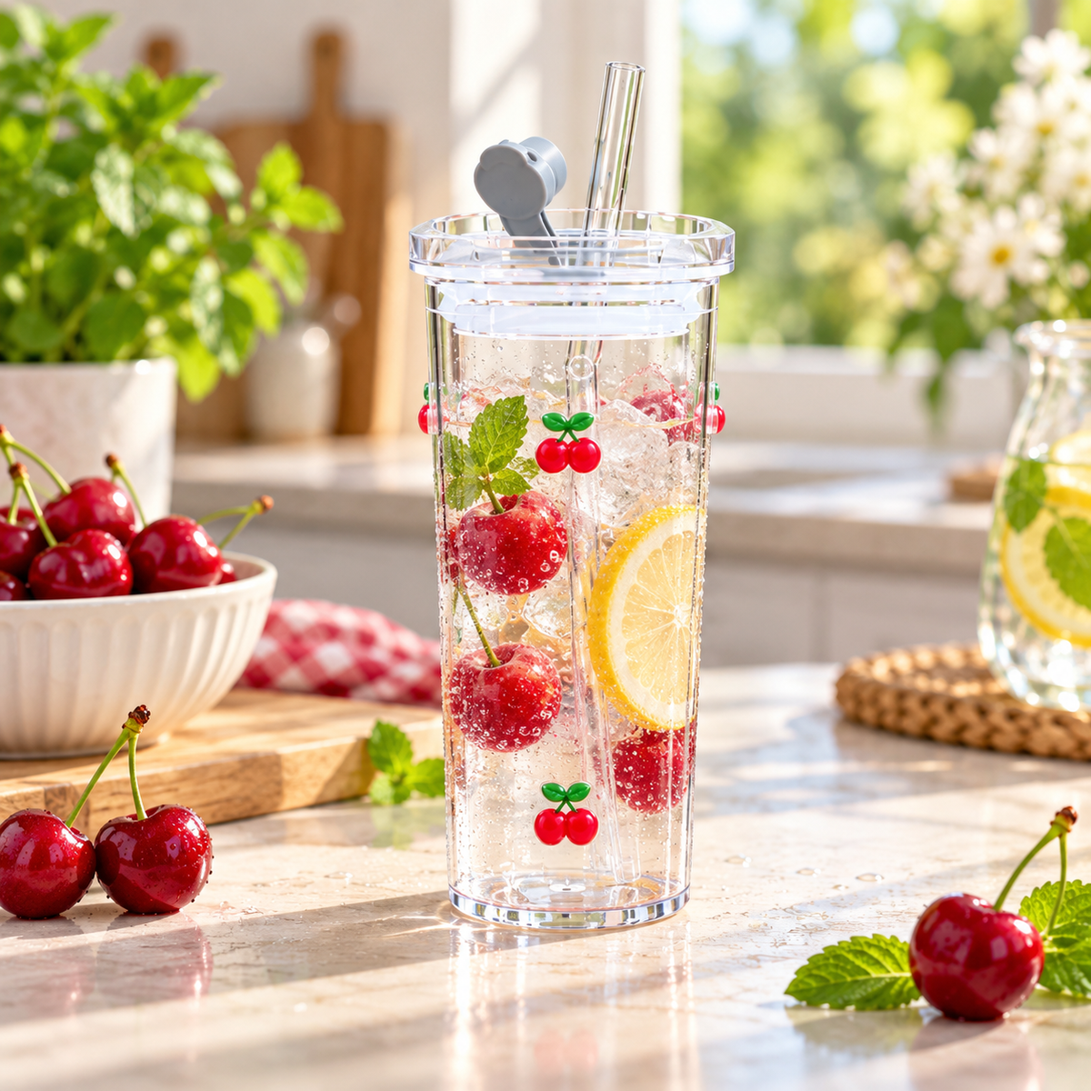 320ml clear glass sipper with 3D cherry design