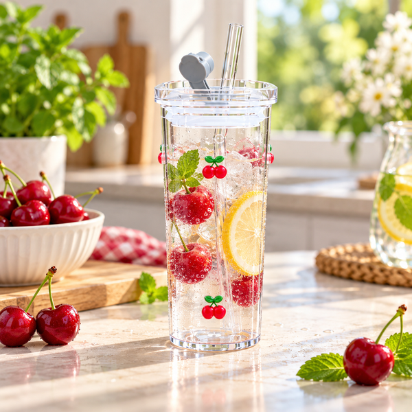 320ml clear glass sipper with 3D cherry design