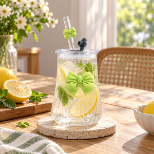 320ml curved glass sipper with 3D bow and straw