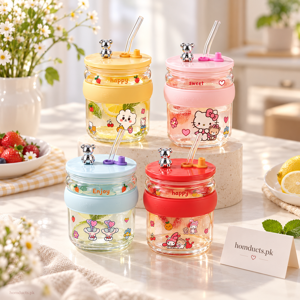 Cute bear glass straw sippers in assorted colors