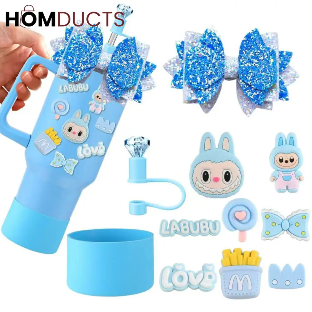 Labubu Themed Limited Edition Blue Tumbler Set – 40oz Insulated Travel Mug with Accessories & Decorative Stickers