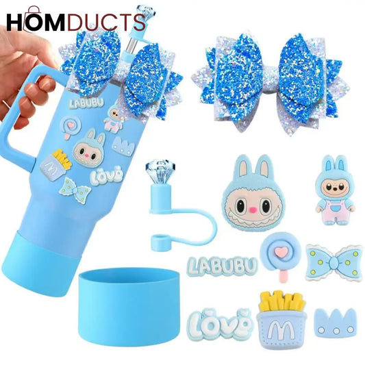 Labubu Themed Limited Edition Blue Tumbler Set – 40oz Insulated Travel Mug with Accessories & Decorative Stickers