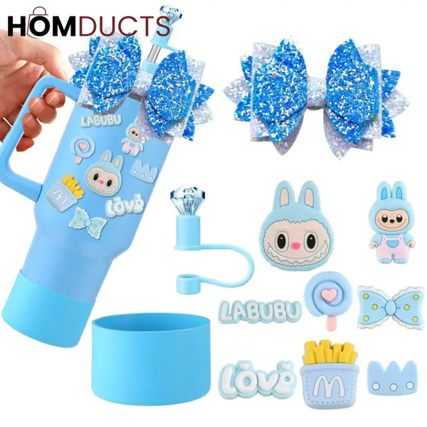 Labubu Themed Limited Edition Blue Tumbler Set – 40oz Insulated Travel Mug with Accessories & Decorative Stickers