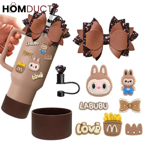 Labubu Themed Limited Edition Brown Tumbler Set – 40oz Insulated Travel Mug with Accessories & Decorative Stickers