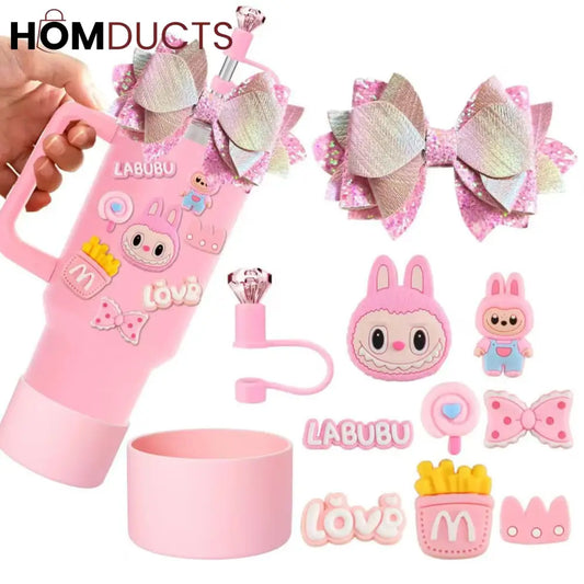 Labubu Themed Limited Edition Pink Tumbler Set – 40oz Insulated Travel Mug with Accessories & Decorative Stickers
