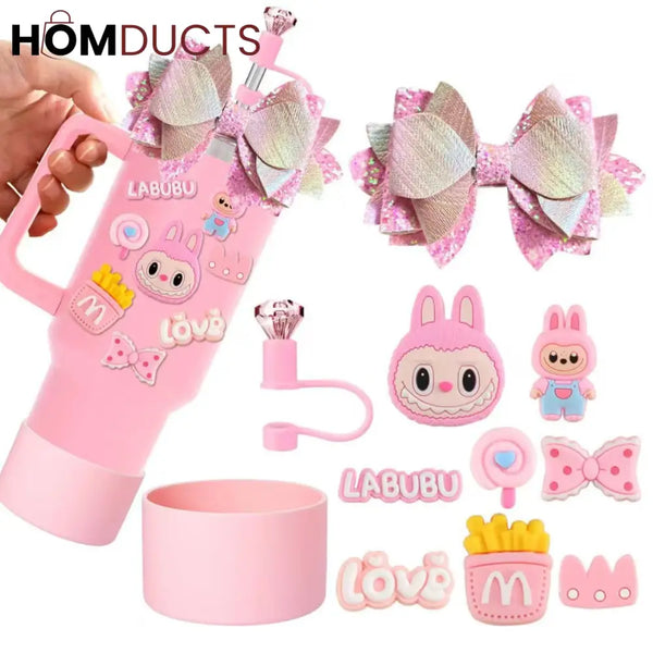 Labubu Themed Limited Edition Pink Tumbler Set – 40oz Insulated Travel Mug with Accessories & Decorative Stickers
